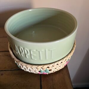 Green Ceramic dog Bowl with Woven Base